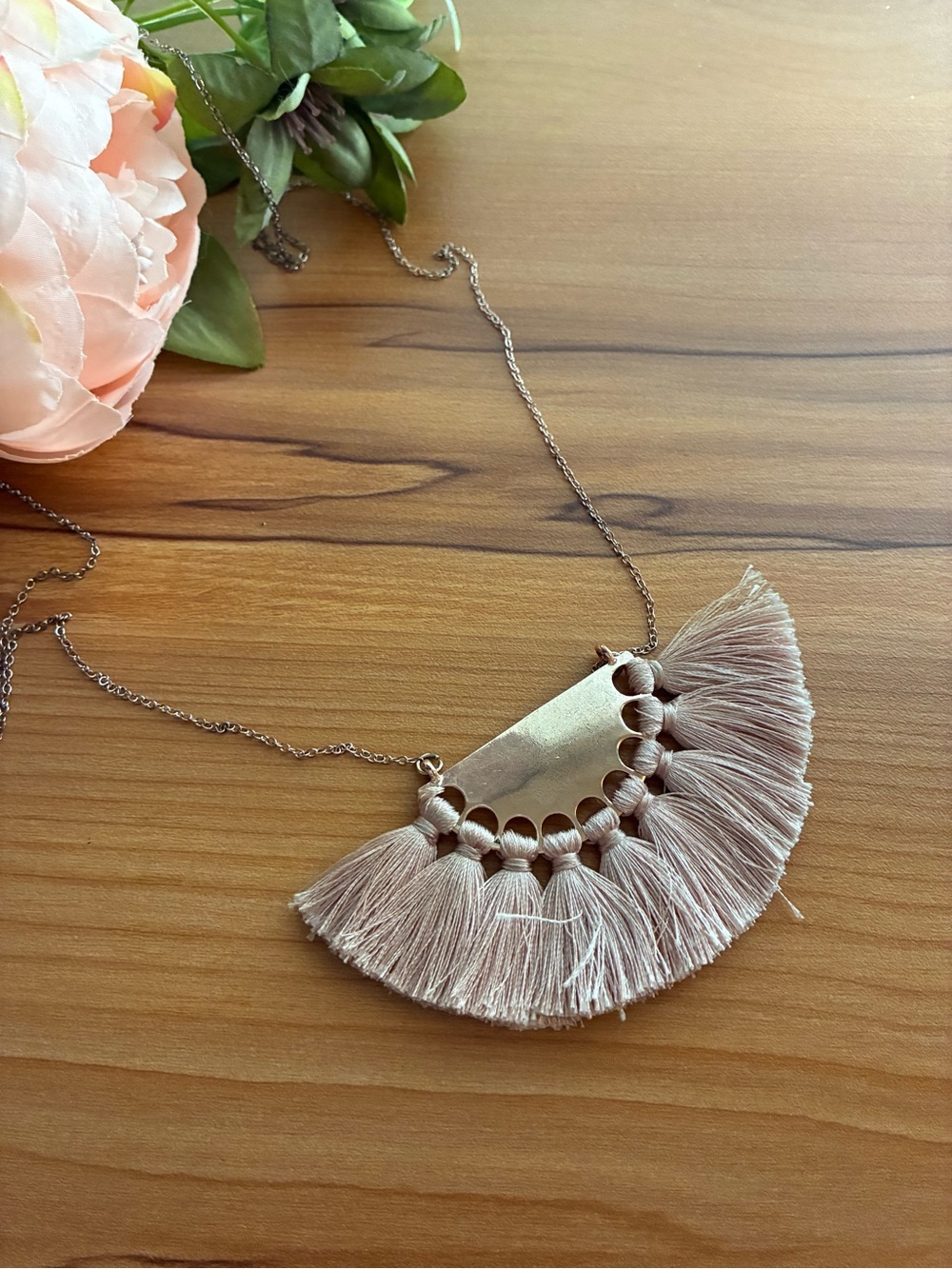 Boho Tassel Fringe Necklace - Blush Pink